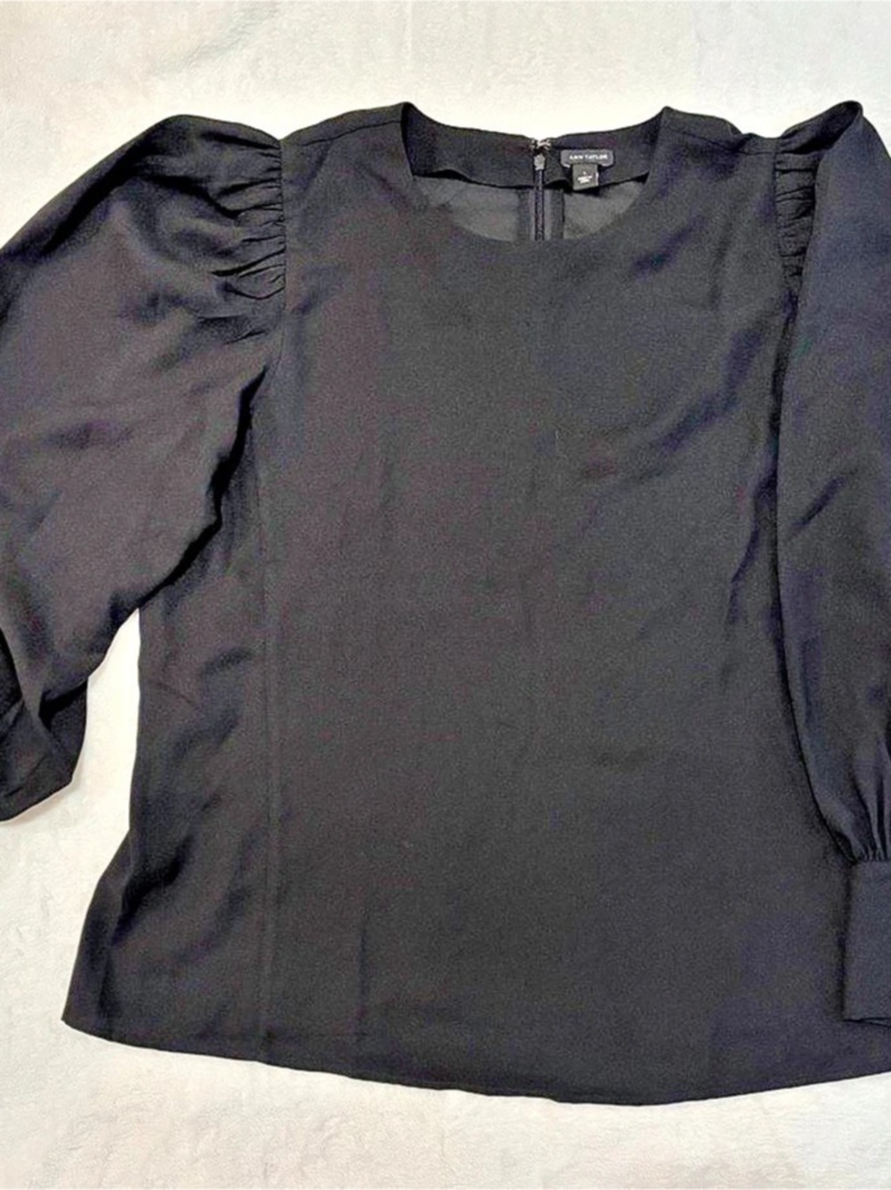 Ann Taylor Black Long Puff-Sleeve Blouse with Button Cuffs Size L